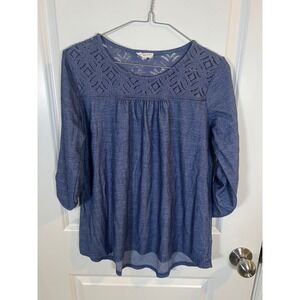 Siren Lily Womens Blouse Lace Yoke Roll Tab Sleeve Blue Petite Large